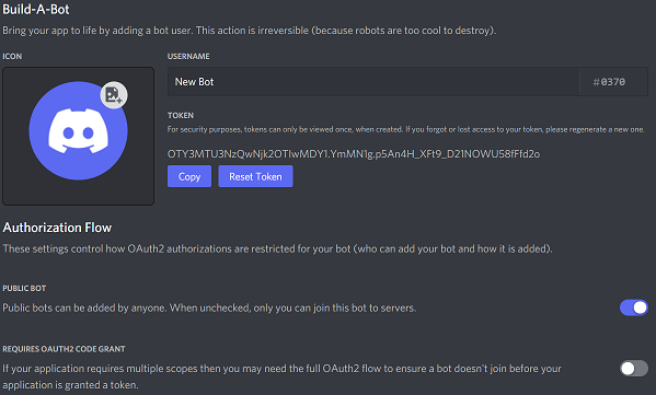 The revealed token and the new "Copy" button.